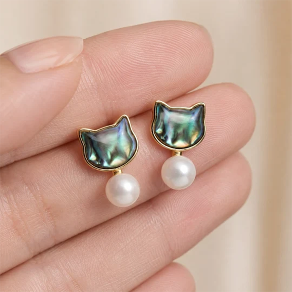 Abalone cat dangle earrings (pair)