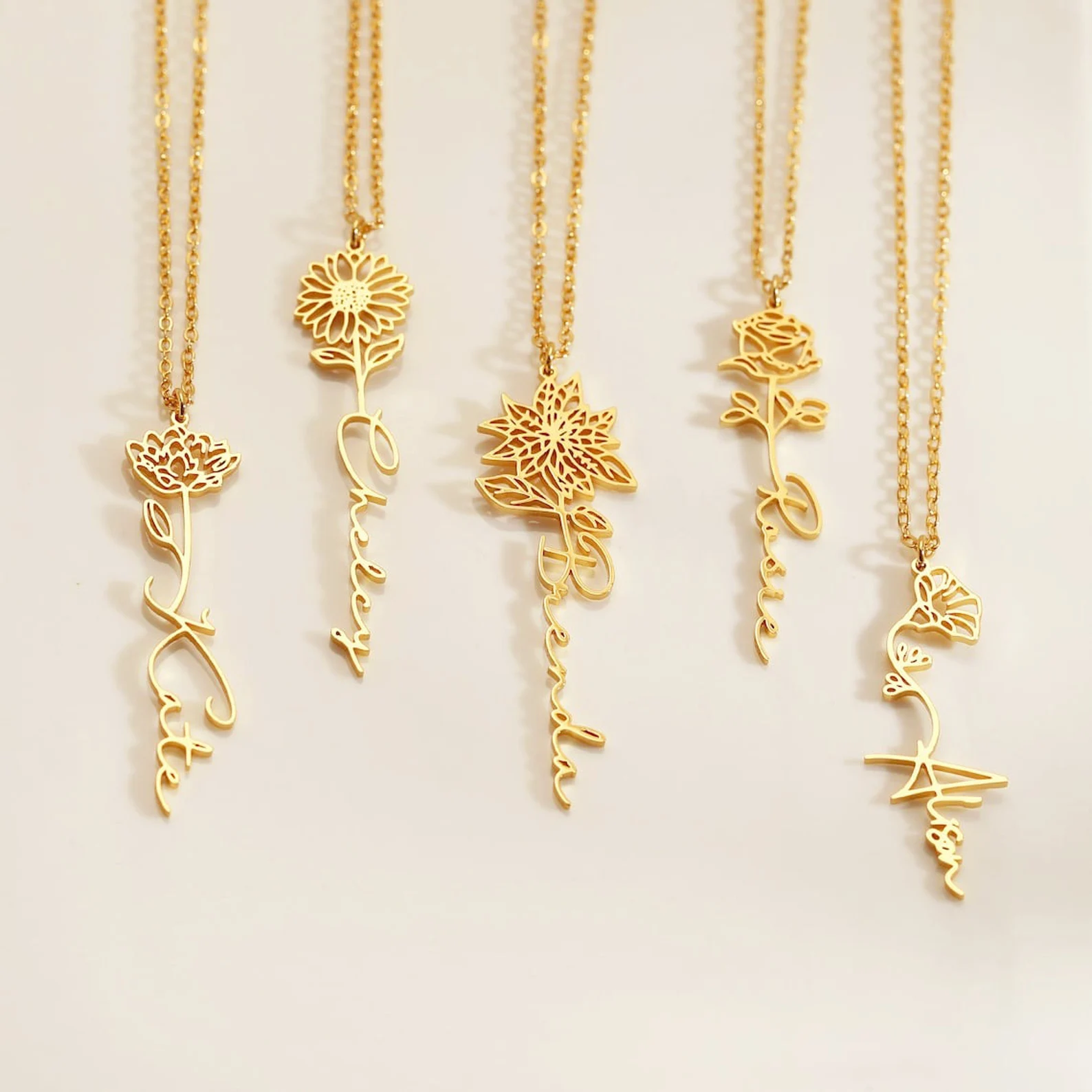 Personalized birthday flower name necklace