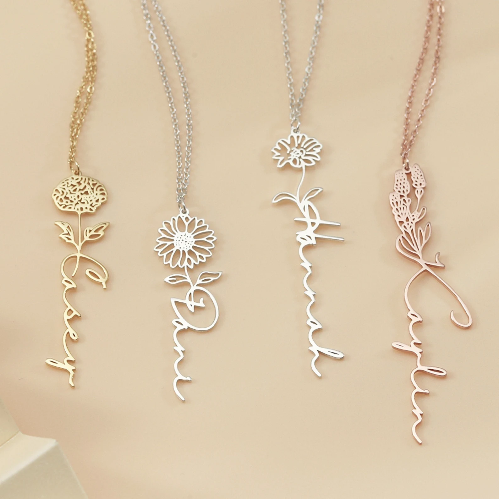 Personalized birthday flower name necklace