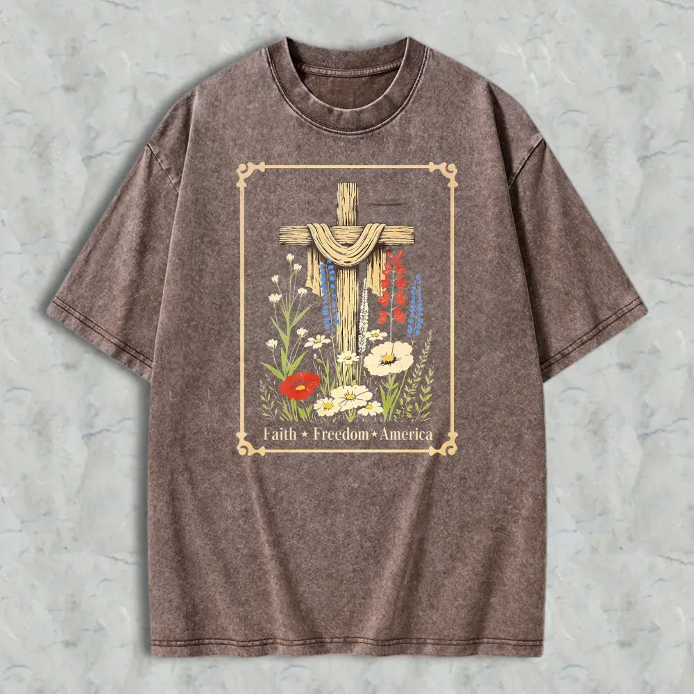 Cross With Flowers And Text Faith Freedom America Washed T-shirt