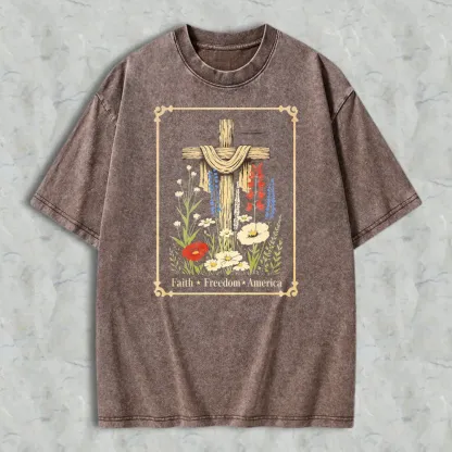 Cross With Flowers And Text Faith Freedom America Washed T-shirt