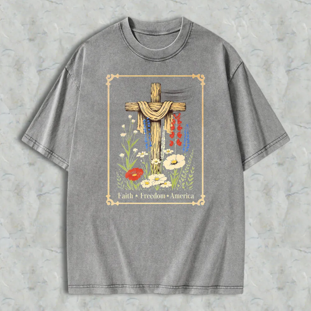 Cross With Flowers And Text Faith Freedom America Washed T-shirt
