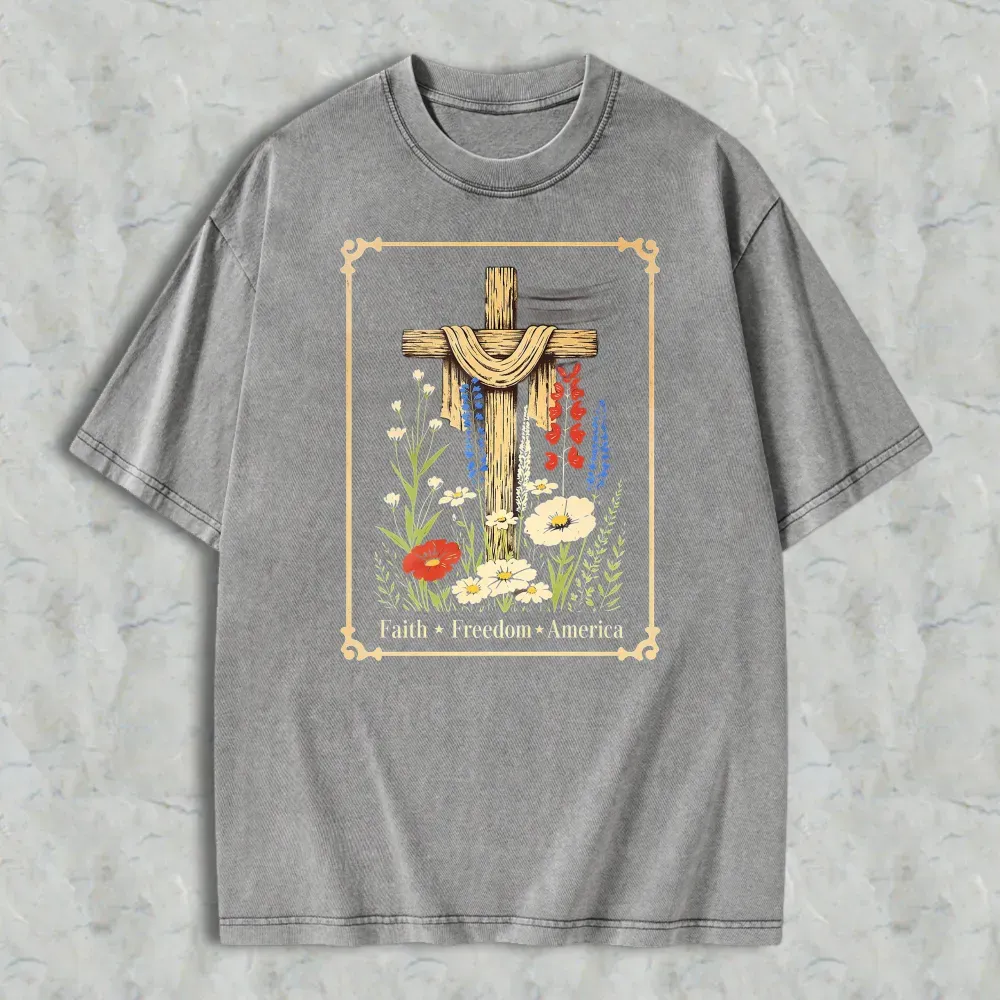 Cross With Flowers And Text Faith Freedom America Washed T-shirt