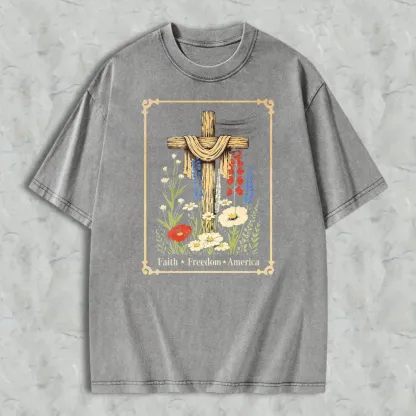 Cross With Flowers And Text Faith Freedom America Washed T-shirt