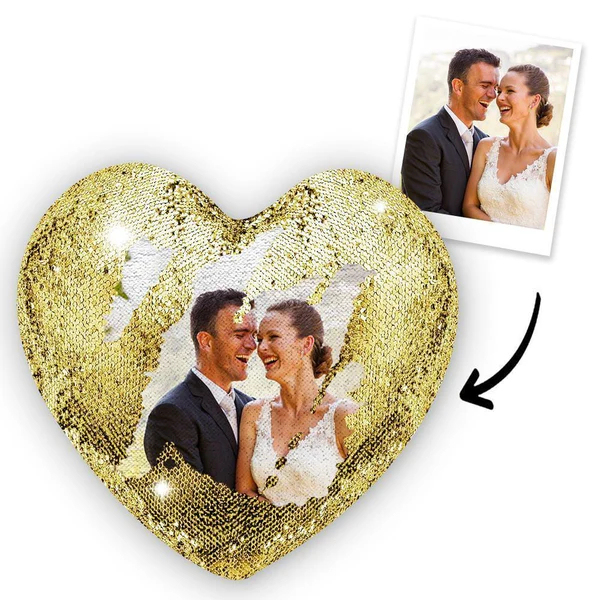 Personalized Heart Shape Sequin Pillow with Photo for Couple
