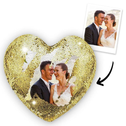Personalized Heart Shaped Sequin Pillow with Photo Anniversary Gift