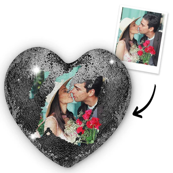 Personalized Heart Shape Sequin Pillow with Photo for Couple