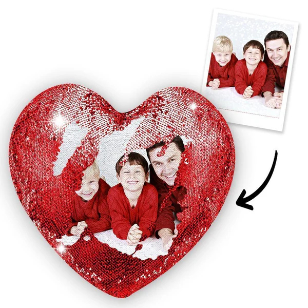 Personalized Heart Shape Sequin Pillow with Photo for Family