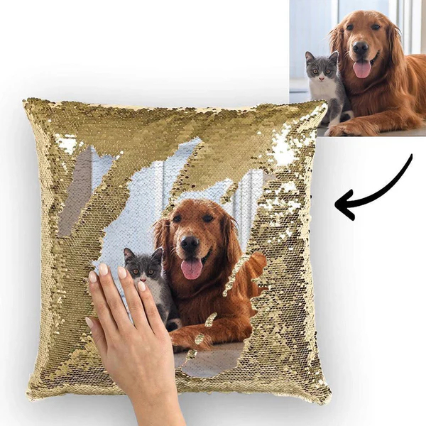 Personalized Sequin Pillow with Photo for Pet Lover