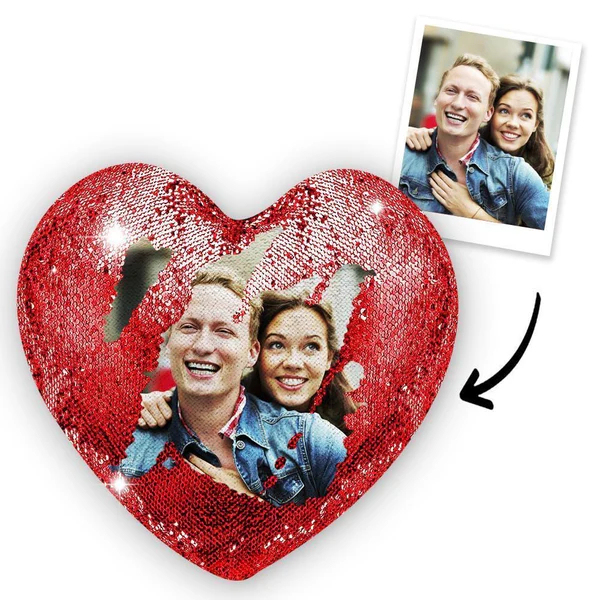 Personalized Heart Shape Sequin Pillow with Photo for Couple