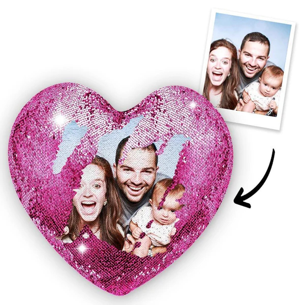 Personalized Heart Shape Sequin Pillow with Photo for Family