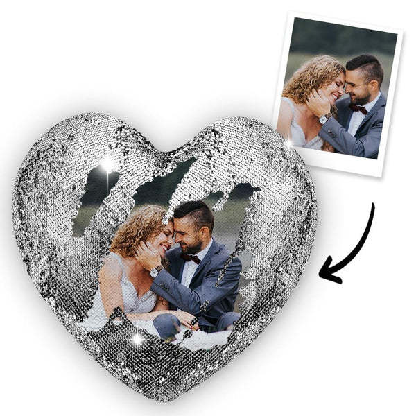 Personalized Heart Shaped Sequin Pillow with Photo Anniversary Gift