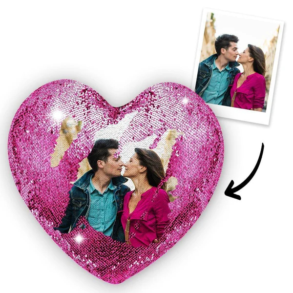 Personalized Heart Shape Sequin Pillow with Photo for Couple