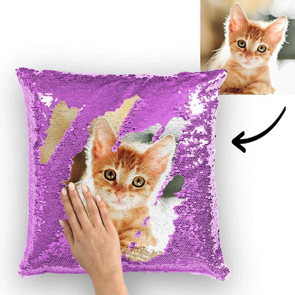Personalized Sequin Pillow with Photo for Pet Lover
