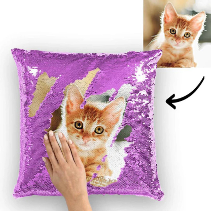 Personalized Sequin Pillow with Photo for Pet Lover