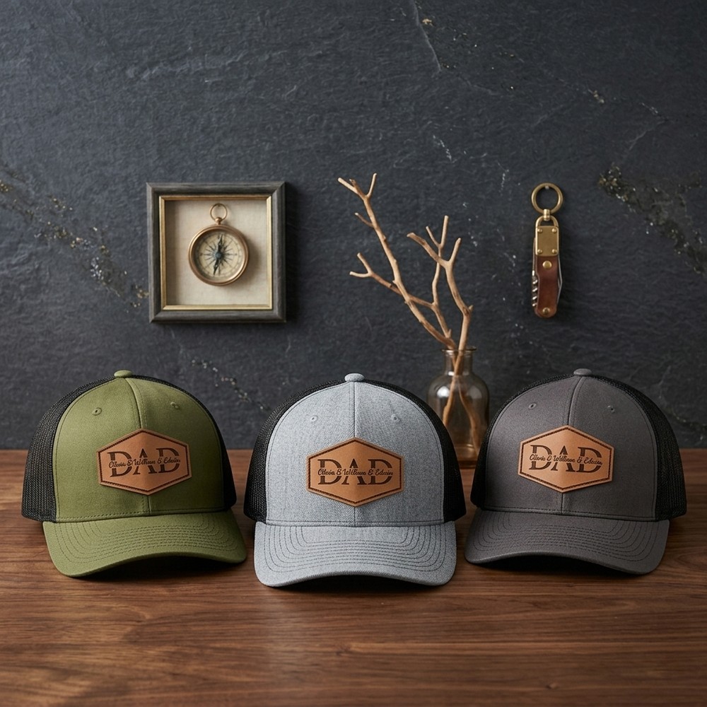 Personalized Dad Trucker Hat with Names Leather Patch Cap New Dad Gift Father's Day Gift