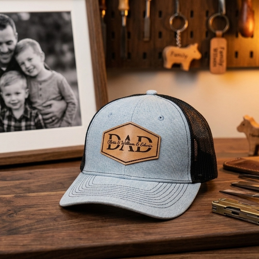 Personalized Dad Trucker Hat with Names Leather Patch Cap New Dad Gift Father's Day Gift