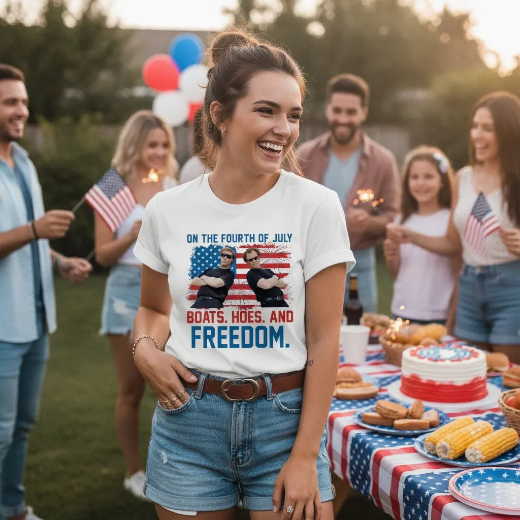 On the Fourth Of July Boats Hoes And Freedom Tee Patriotic Funny Movie Shirt