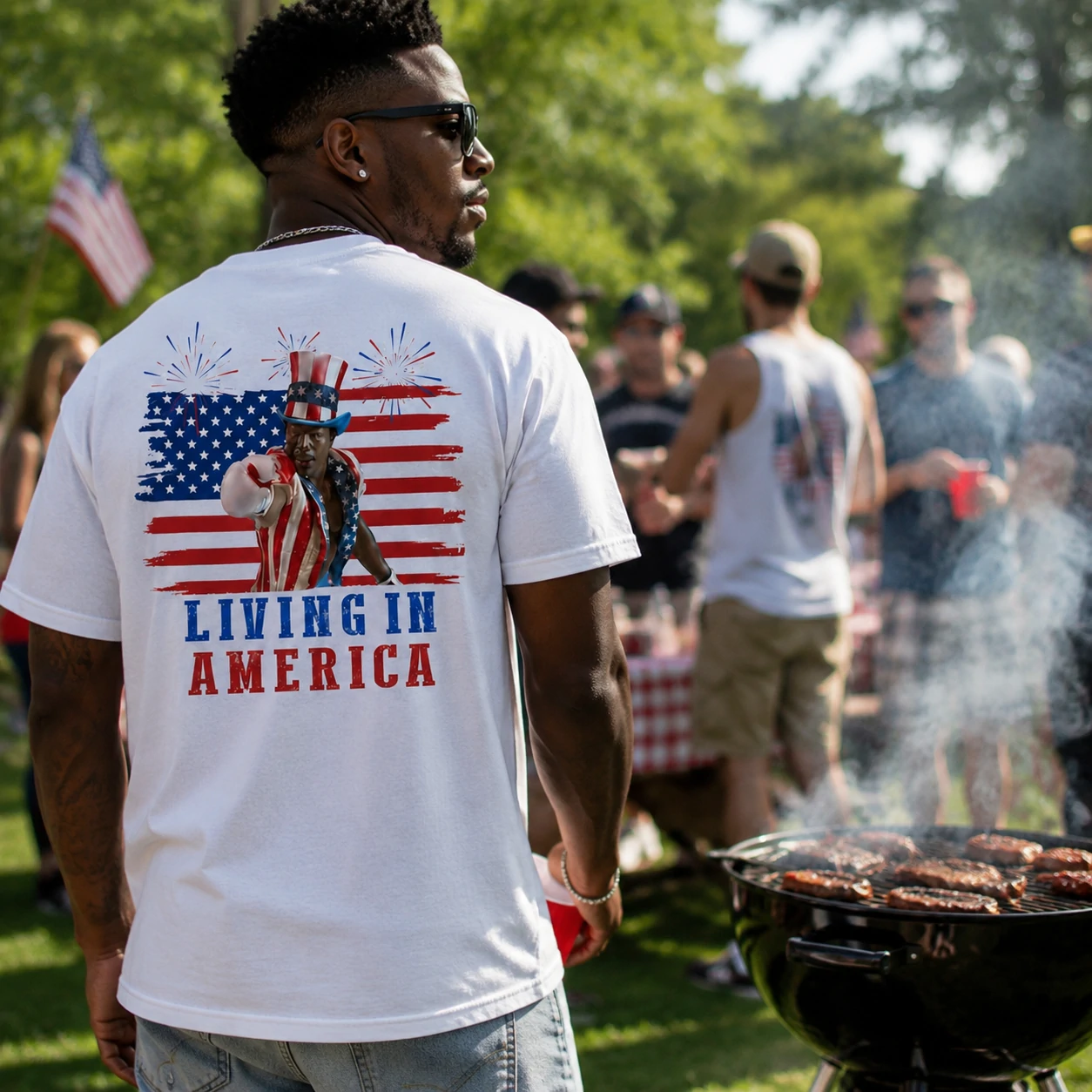 Apollo Creed Living in America T Shirt Patriotic 4th of July Vintage Tee