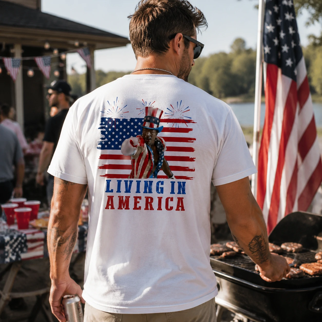 Apollo Creed Living in America T Shirt Patriotic 4th of July Vintage Tee