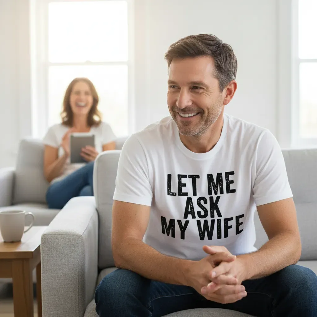 The Humorous Quote LET ME ASK MY WIFE TShirts Funny Text Tee