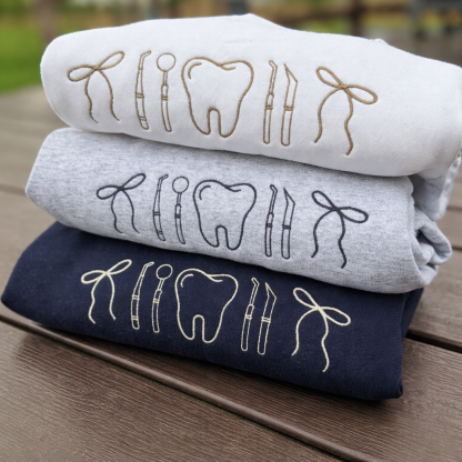 Minimalist Nurse Life Icons T-Shirt Chic Dental Professional Tooth & Tools Embroidered Hoodie