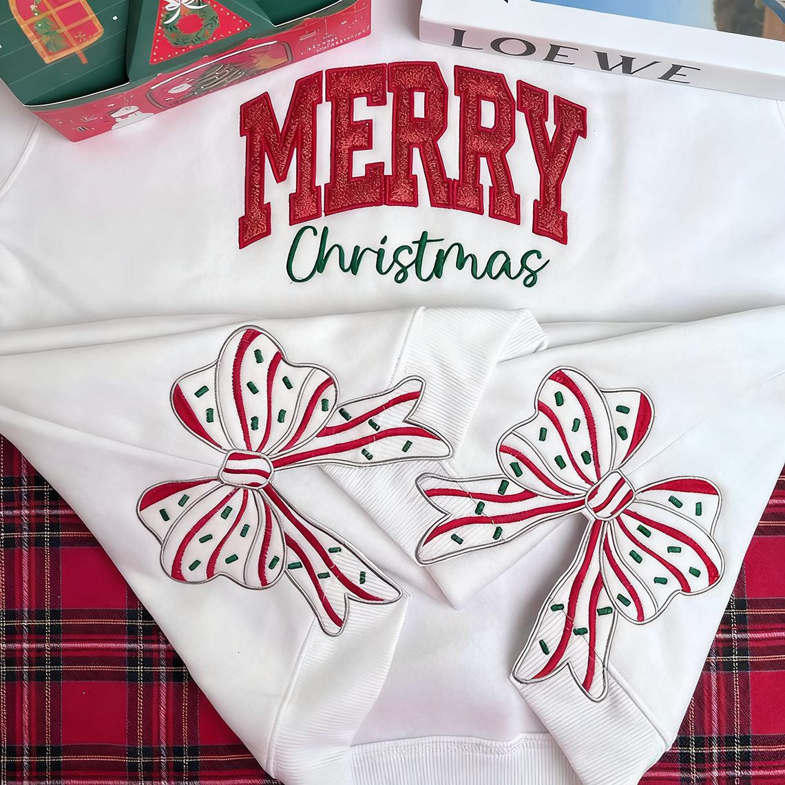 Merry Christmas Side Bow Embroidered Sweatshirt