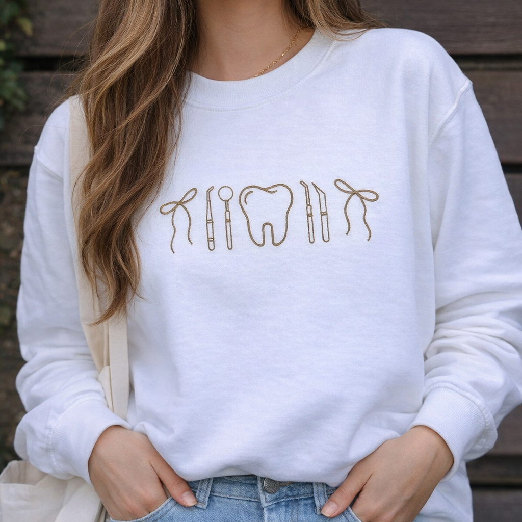 Minimalist Nurse Life Icons T-Shirt Chic Dental Professional Tooth & Tools Embroidered Hoodie