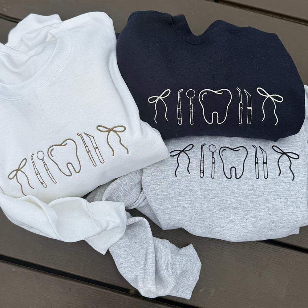 Minimalist Nurse Life Icons T-Shirt Chic Dental Professional Tooth & Tools Embroidered Hoodie