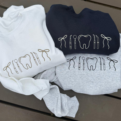 Minimalist Nurse Life Icons T-Shirt Chic Dental Professional Tooth & Tools Embroidered Hoodie