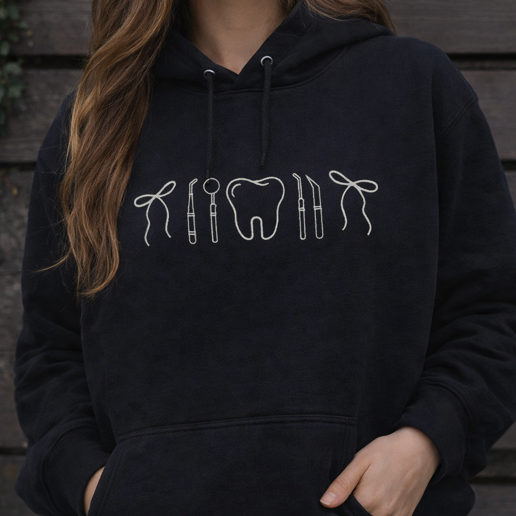 Minimalist Nurse Life Icons T-Shirt Chic Dental Professional Tooth & Tools Embroidered Hoodie