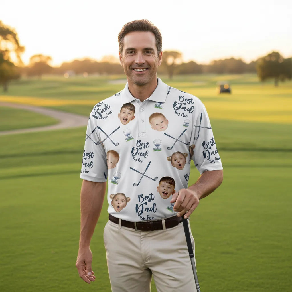 Personalized Kid's Face Photo Polo Shirt Best Dad By Par Polo Shirt for Golfer Gift for Husband Dad