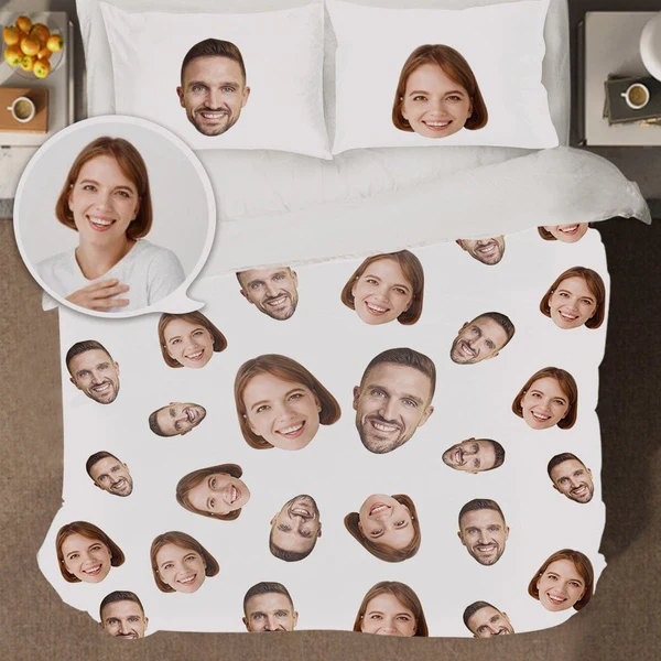 Personalized Face Double Bedding Set with Duvet Cover Pillowslip Set for Couple