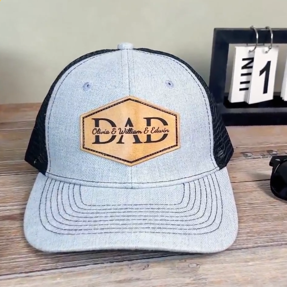 Personalized Dad Trucker Hat with Names Leather Patch Cap New Dad Gift Father's Day Gift