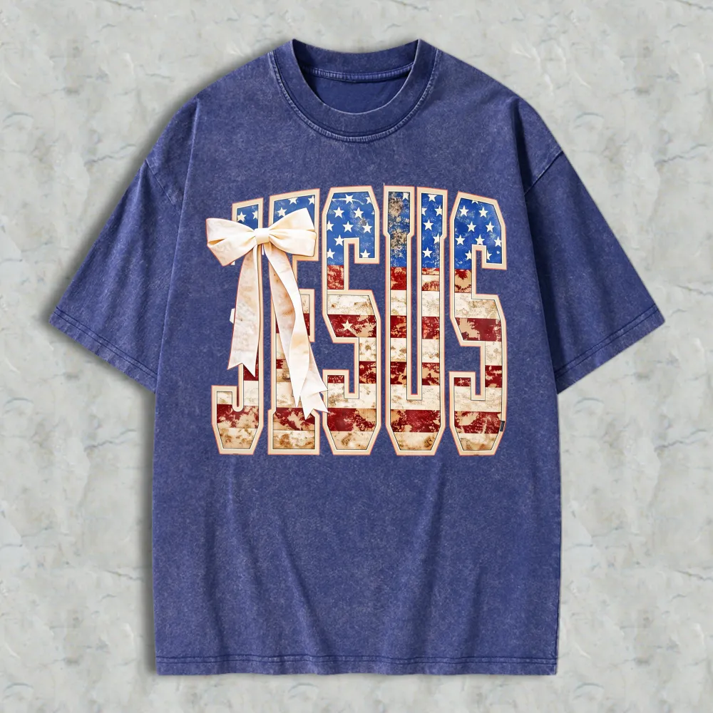 Jesus American Flag Design Washed T-shirt