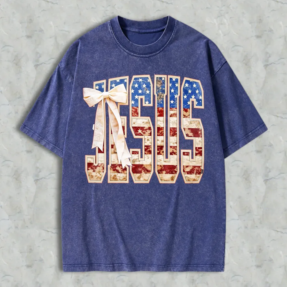 Jesus American Flag Design Washed T-shirt