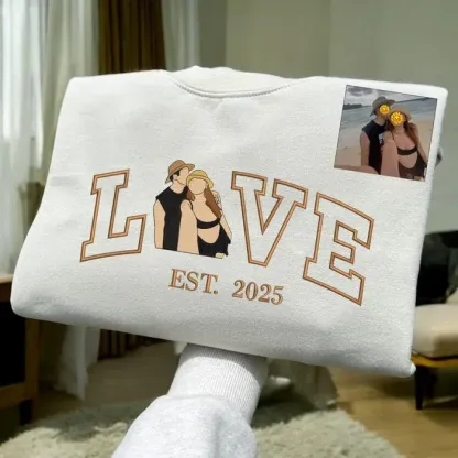 Personalized Embroidered Couple Photo Portrait Hoodie With Anniversary Date