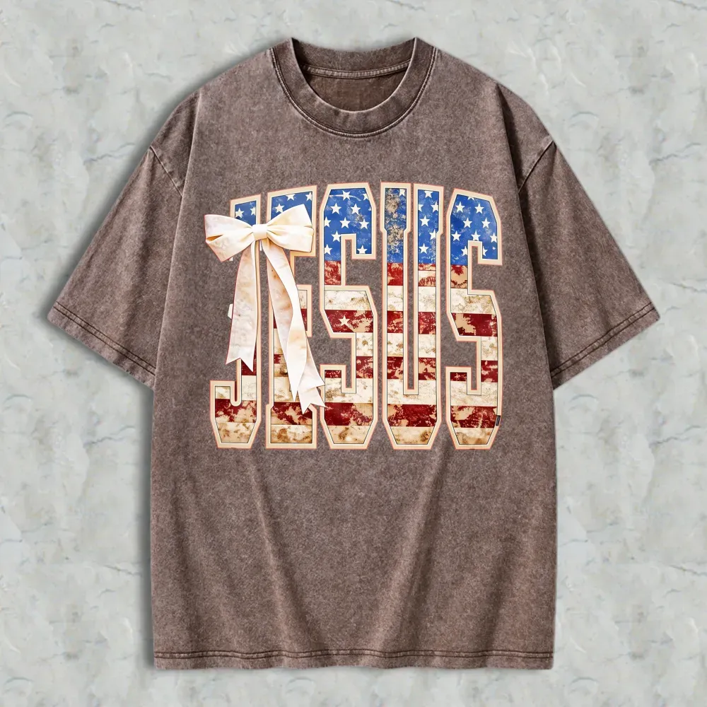 Jesus American Flag Design Washed T-shirt