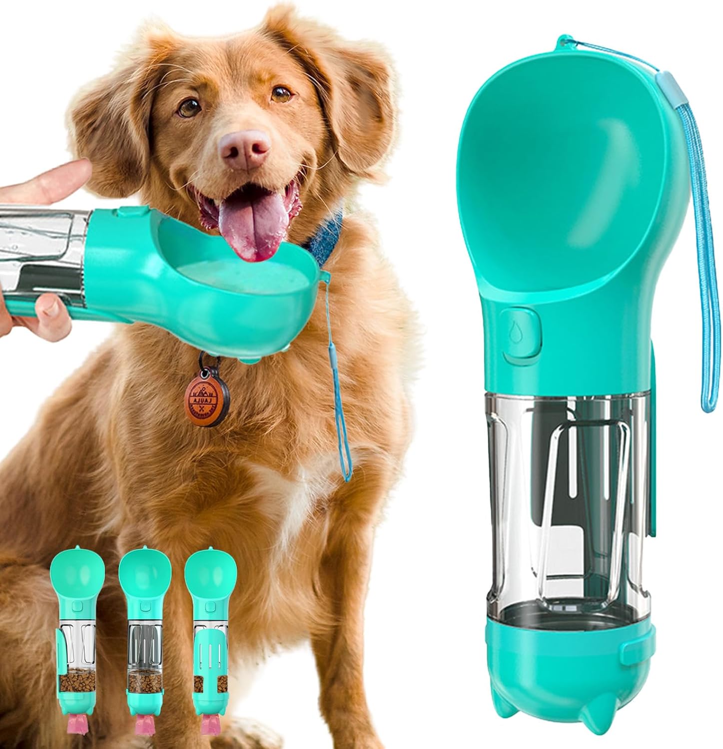 Leak Proof Dog Water Bottle Portable 3 in 1 Pet Water Dispenser with Bowl and Waste Bag Holder for Hiking Travel Car Dog Park Outdoor Easy One Hand Use
