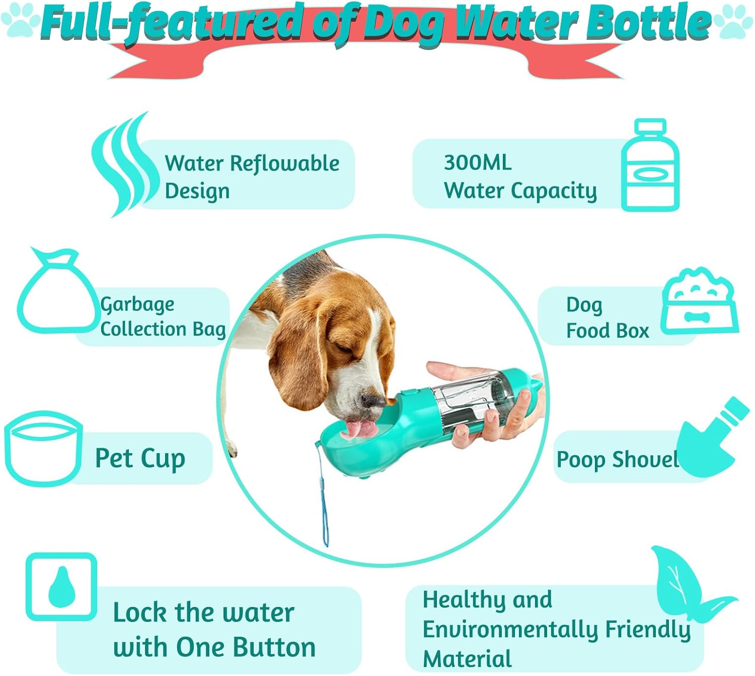 Leak Proof Dog Water Bottle Portable 3 in 1 Pet Water Dispenser with Bowl and Waste Bag Holder for Hiking Travel Car Dog Park Outdoor Easy One Hand Use