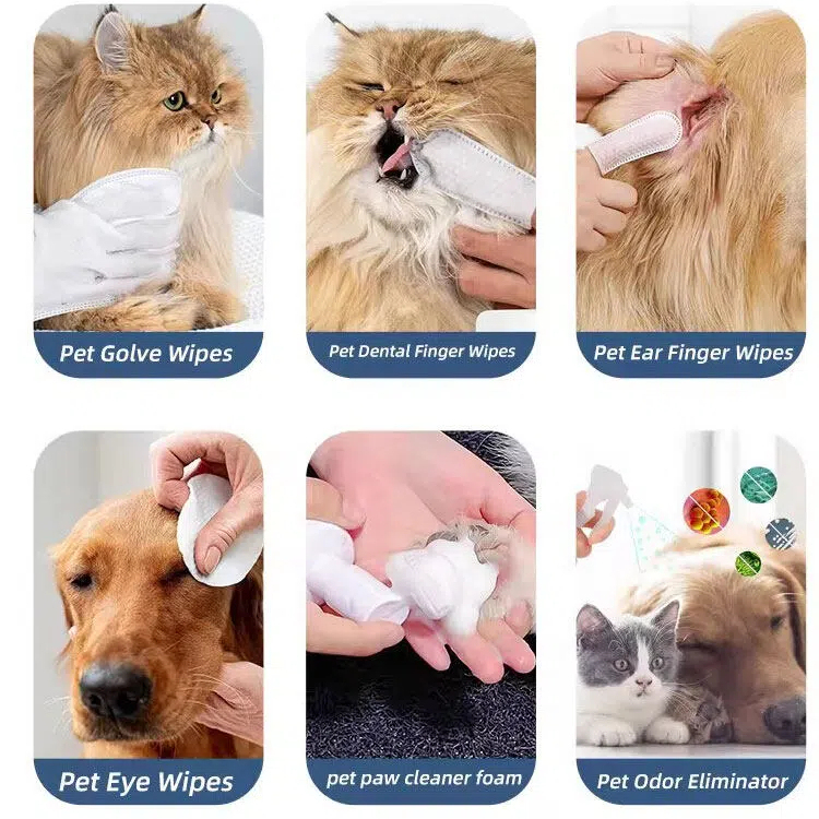 Rinse Free Hypoallergenic Deodorizing Dog Gloves Wipes Pet Cleaning Bathing Wipes