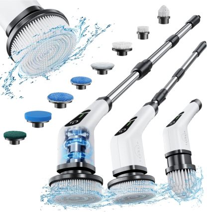 Electric Spin Scrubber, Cordless Cleaning Brush with 8 Replaceable Brush Heads, Tub and Floor Tile 360 Power Scrubber Dual Speed with Adjustable & Detachable Handle for Bathroom Kitchen Car