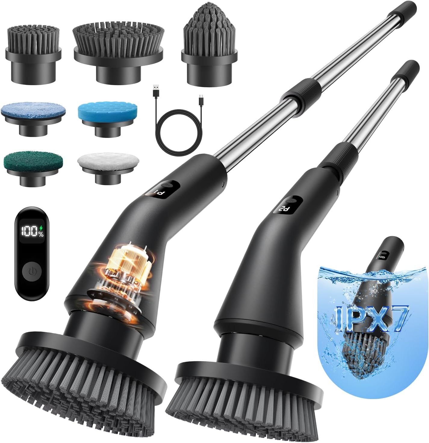 Electric Spin Scrubber, Cordless Cleaning Brush with 8 Replaceable Brush Heads, Tub and Floor Tile 360 Power Scrubber Dual Speed with Adjustable & Detachable Handle for Bathroom Kitchen Car