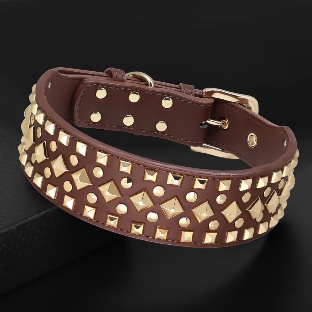 2 inch Wide Studded PU Leather Dog Collars for Medium Dogs, Unique Rivet Design Handmade Luxury Durable Dog Collar 