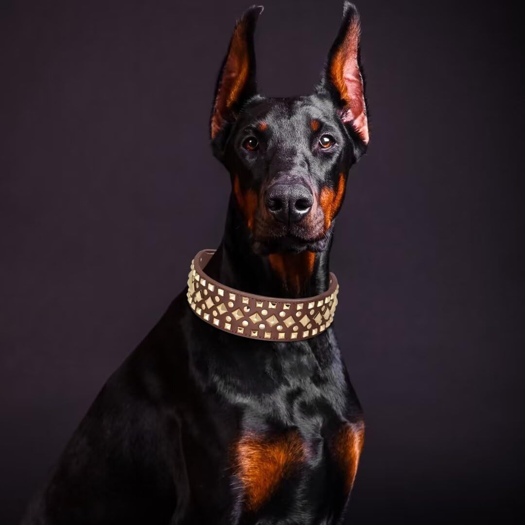2 inch Wide Studded PU Leather Dog Collars for Medium Dogs, Unique Rivet Design Handmade Luxury Durable Dog Collar 