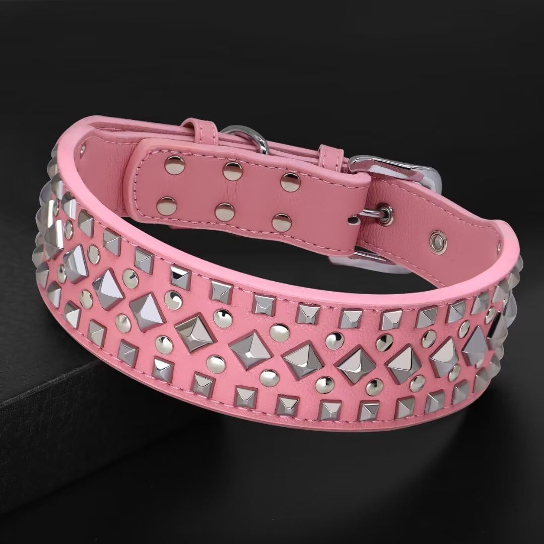 2 inch Wide Studded PU Leather Dog Collars for Medium Dogs, Unique Rivet Design Handmade Luxury Durable Dog Collar 