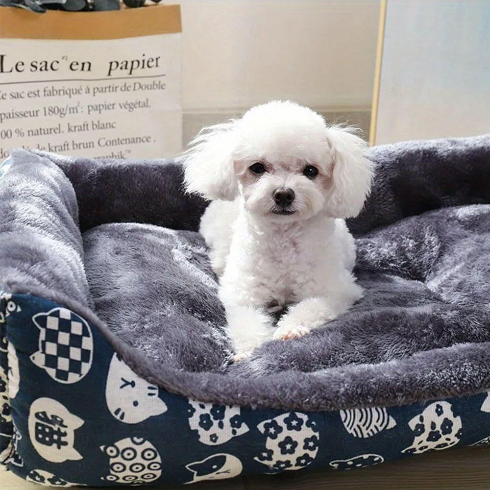 Small Medium Dog Bed with Easy-to-Wash Side Durable Removable Cushion Washable Pet Bed with Animal Pattern