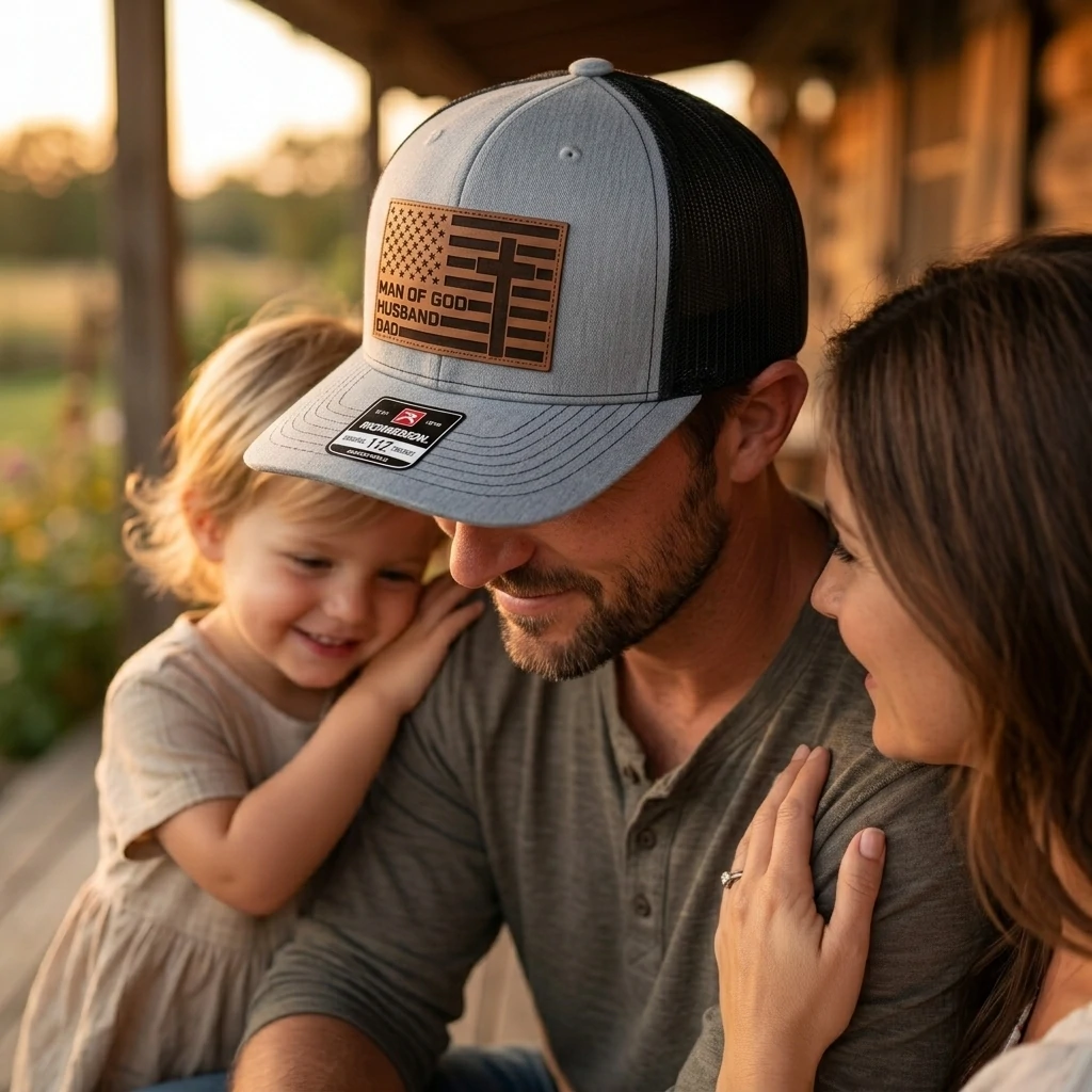Man Of God Husband Dad Trucker Hat Leather Patch Trucker Hat Christian Father's Day Gift