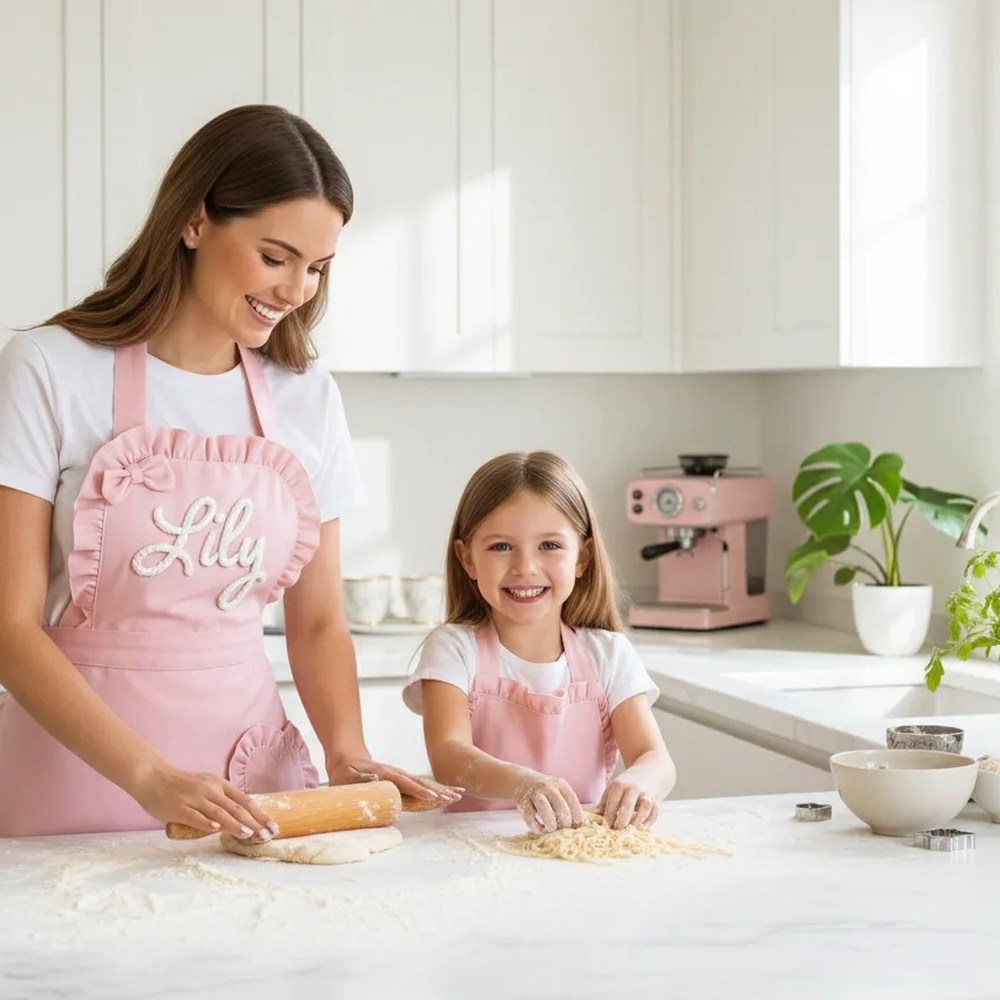 Personalized Name Cooking Apron With Ruffled Heart Pocket Baking Lover Mother's Day Gift