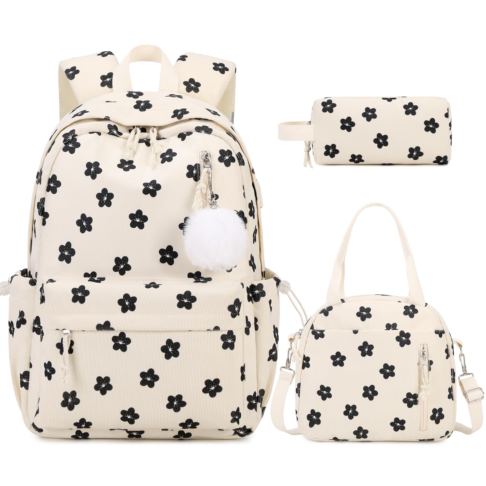 Corduroy Backpack with Lunch Bag and Pencil Pouch for Teen Kids 